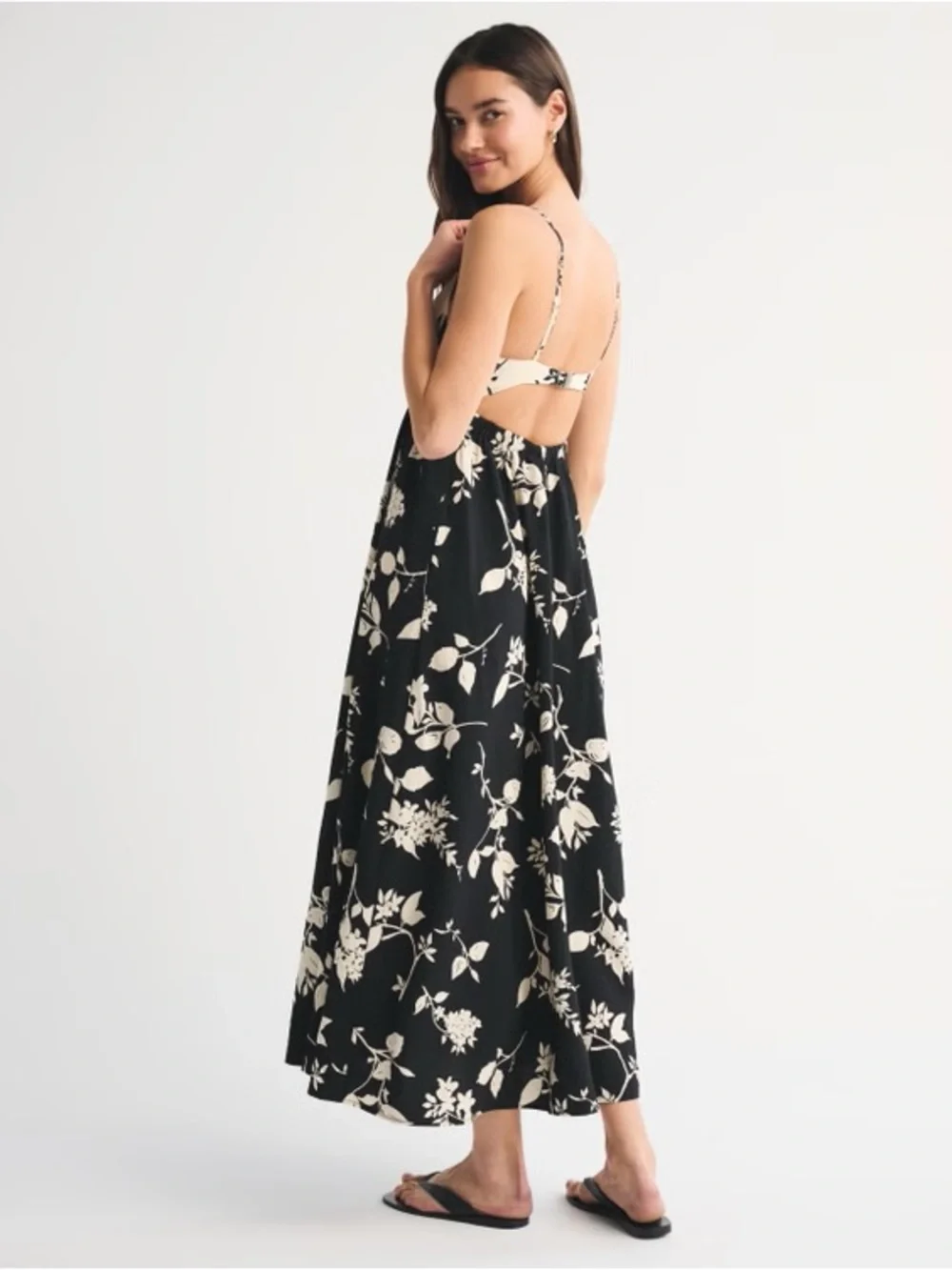 Abercrombie & Fitch Black and Cream Floral Spaghetti Strap Maxi Dress